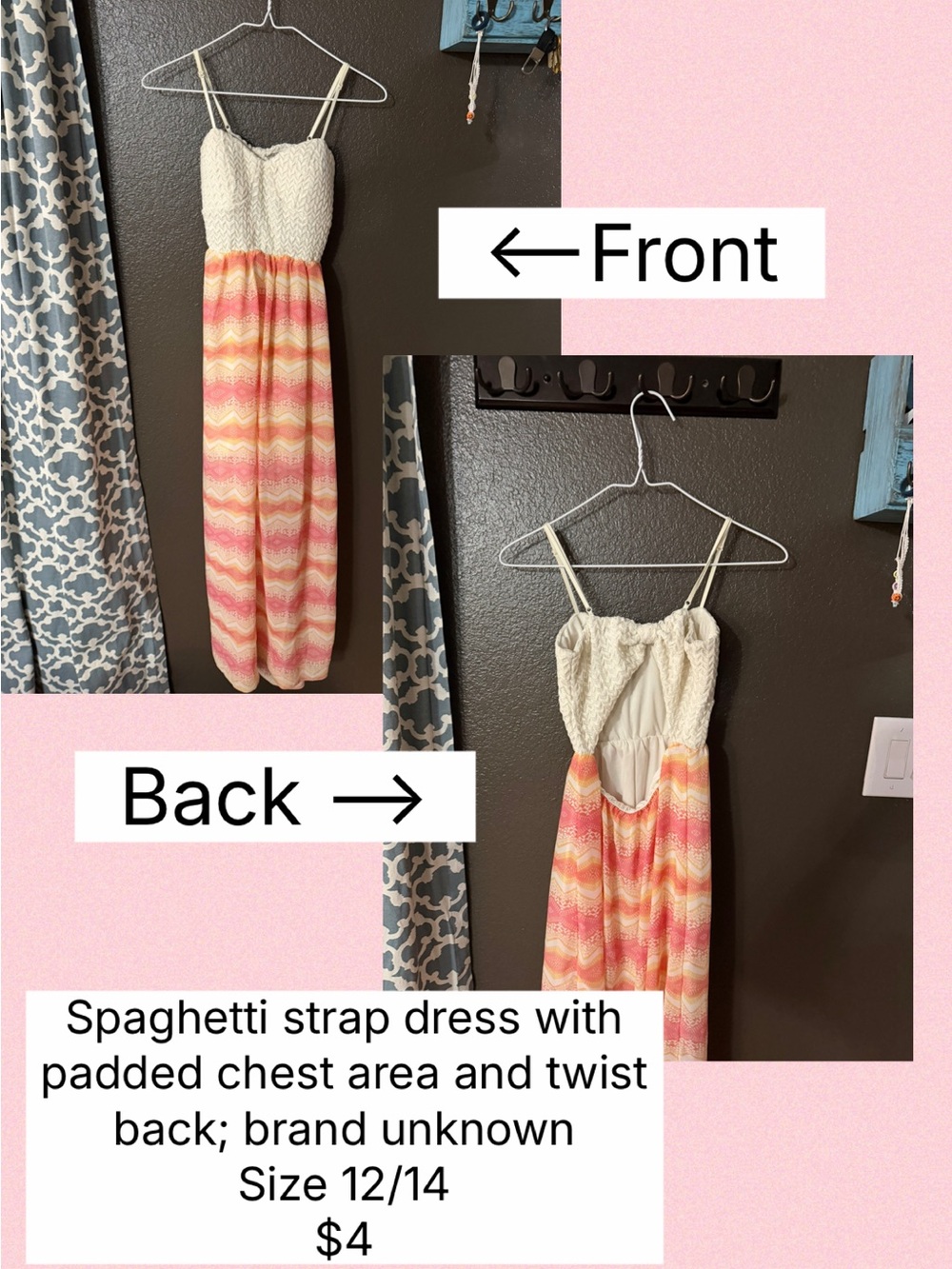 Strappy White Crochet Top Maxi Dress with Pink-Orange Chevron Skirt